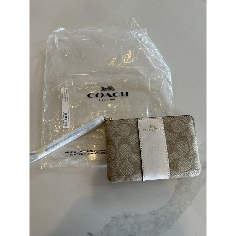 NWT COACH LEATHER WRISTLET WALLET CORNER ZIP SIGNATURE SADDLE STRIPE KHAKI WHITE